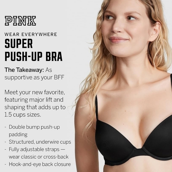 (2) VS PINK Super Push Up Bras Sz 38DD Praline & Black LIKE NEW Lot Bundle 38E - Picture 2 of 7